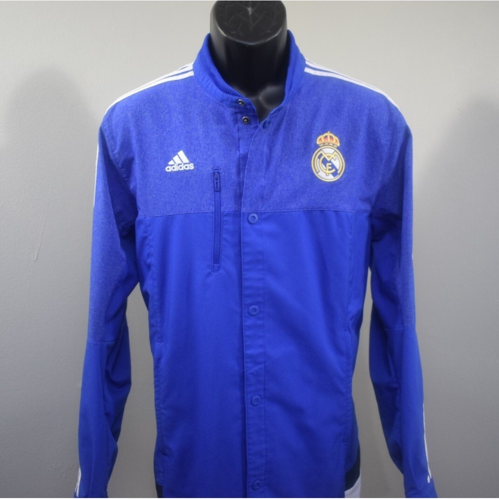Adidas Real Madrid Track Jacket Blue Striped Snap Up W/ Pockets Mens Size Medium